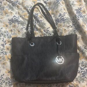 Michael Kors Black Leather Tote with Silver MK Charm